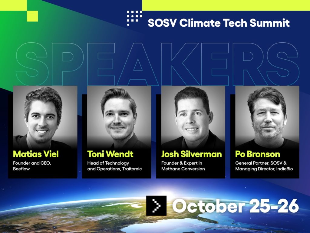 Graphic shows images of Po Bronson, Josh Silverman, Toni Wendt, and Matias Viel with SOSV Climate Summit logo